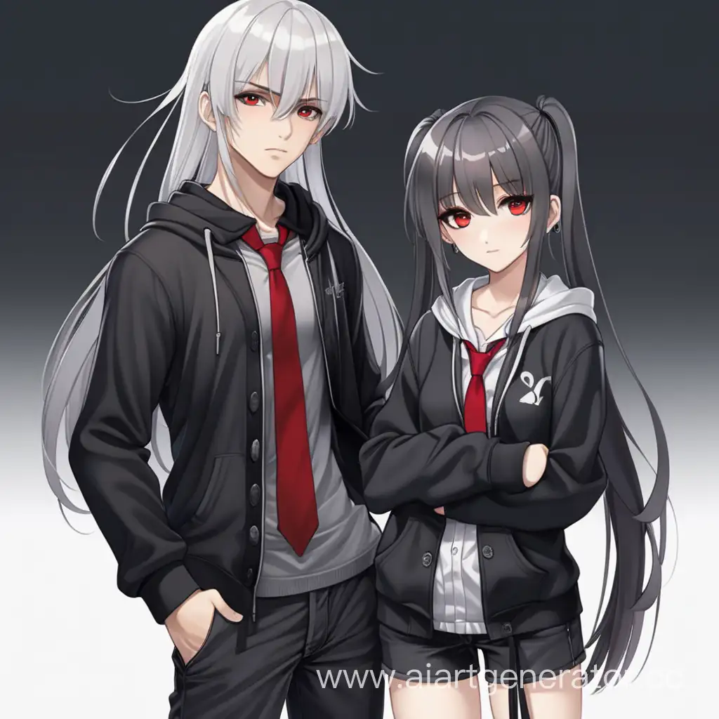 short Anime girl, innocent-looking, skinny, dressed in short black shorts and stockings, wearing a shirt and a red tie and a black cardigan all buttoned up. Long straight white hair with two strands of hair on the front and bangs in the middle and sides. Red eyes and a mysterious soft look. And  tall anime man with dark look, dark brown hair with bangs in middle and sides and short ponytail, dressed in black shirt and dark gray zip hoodie, and black pants, drak brown almost black eyes