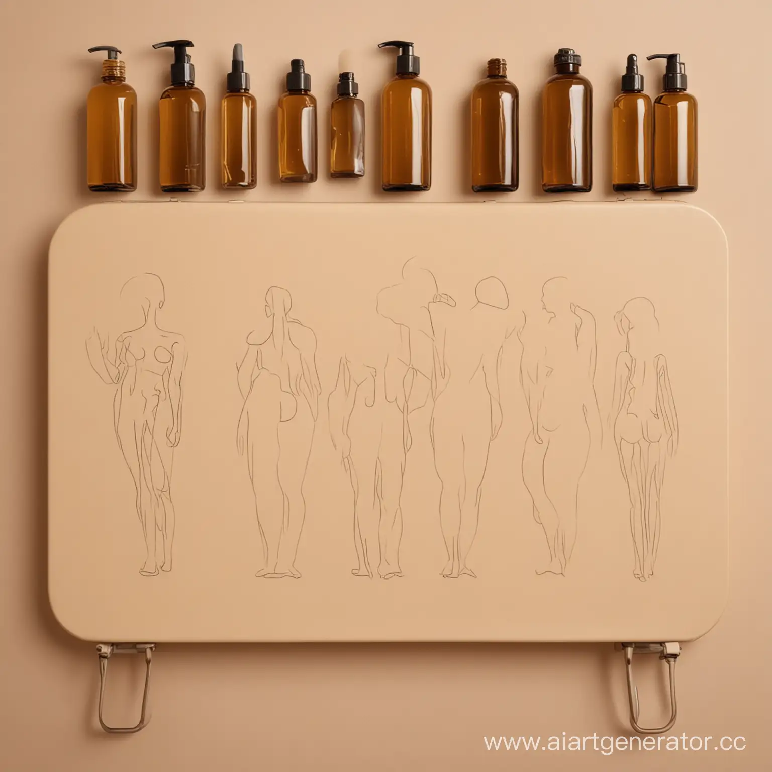 Бежевый фон с флакончиками от массажного масла, массажным столом и очертаниями фигур мужчин и женщин со спины