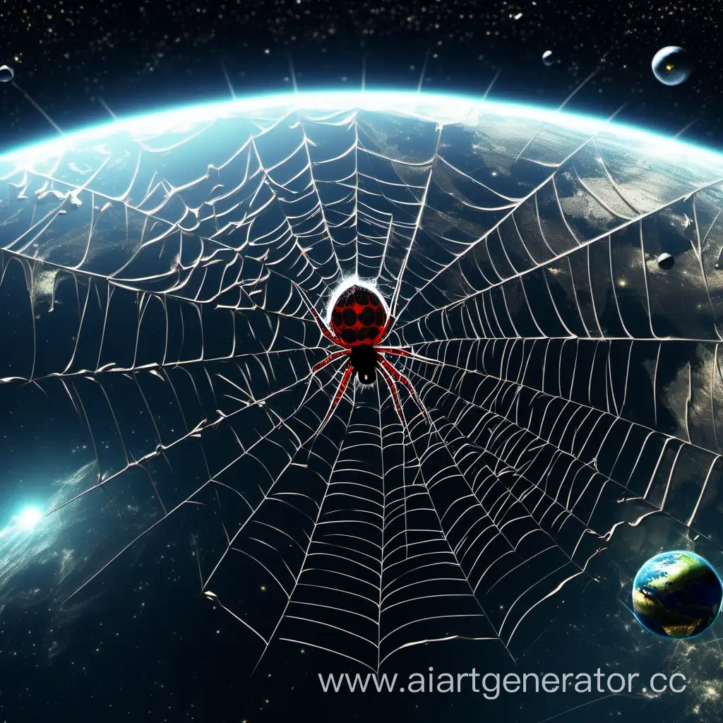 Earth in space with spider web wrapped around and satellites spider black widow siriHD 8K
