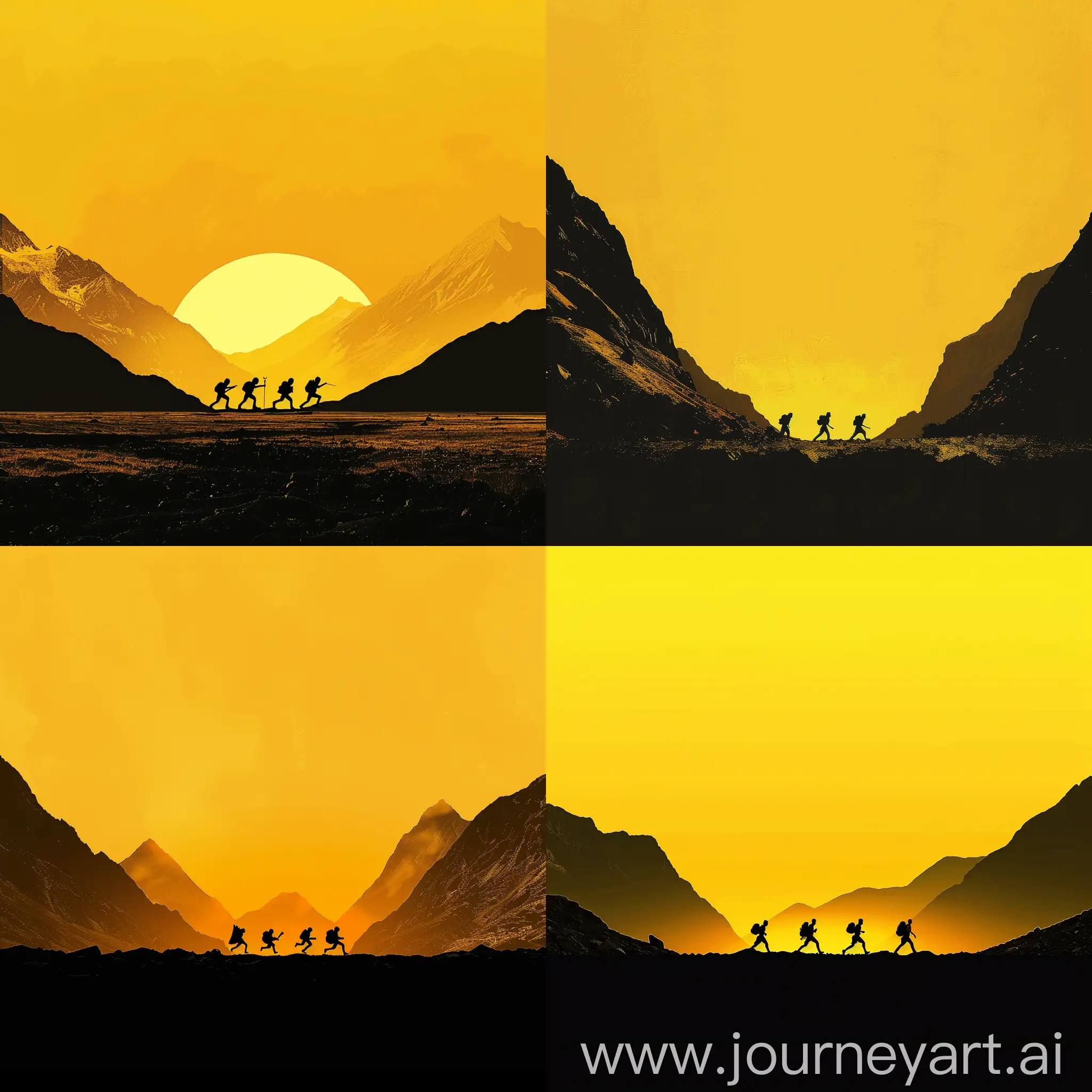 yellow-orange clear sunset, mountains left and right, silhouettes of four fantasy small travelers compared to the mountains in the center running to right, front view, beneath image black earth, side view