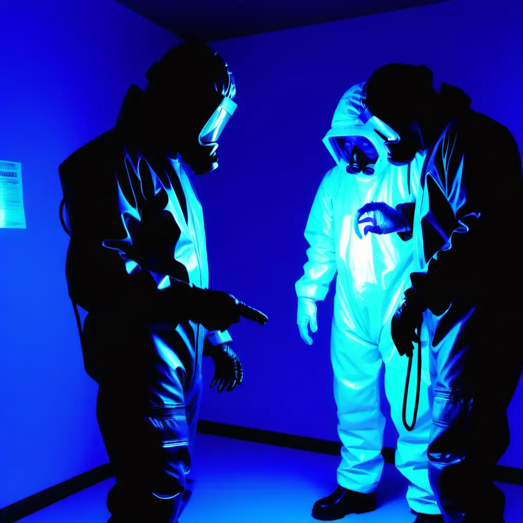 People in casual
dark clothes. In uv lights and Person in bio hazard suit inspecting them