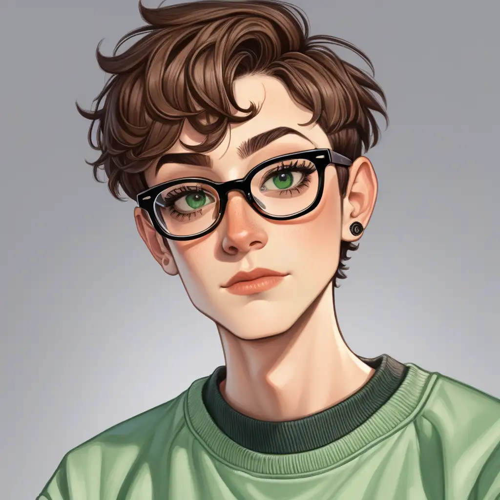 non-binary doctor with short brown hair, dark green eyes, wearing a sweatshirt and glasses