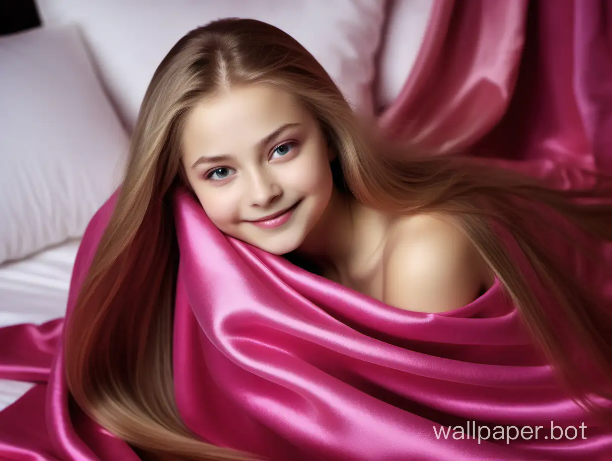 angelically smiling Yulia Lipnitskaya with long straight silky hair under luxury, gentle silk sweet pink fuchsia blanket