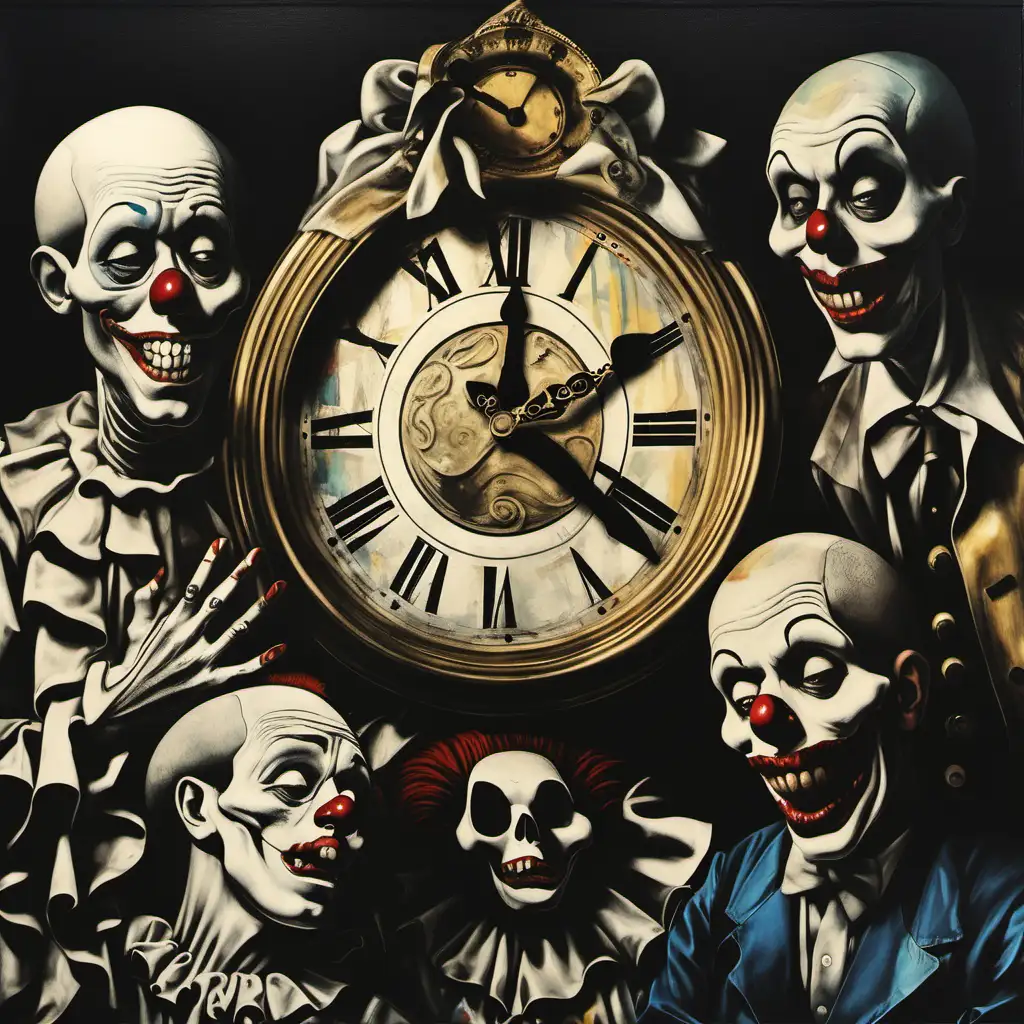 Whimsical Clown Performance with Picassoesque Skulls and Timepiece