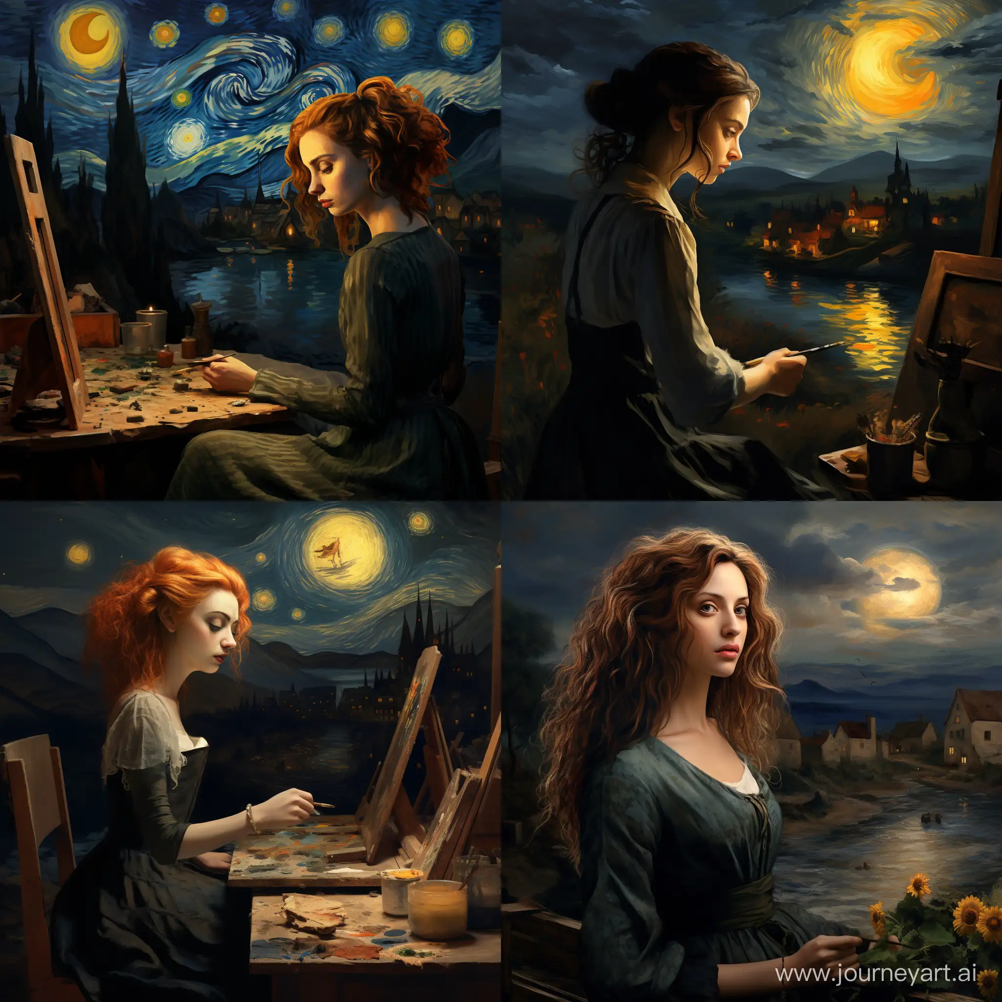 Digital painting of a woman mixing van Gogh and Tim Burton style in a 18th century scenery