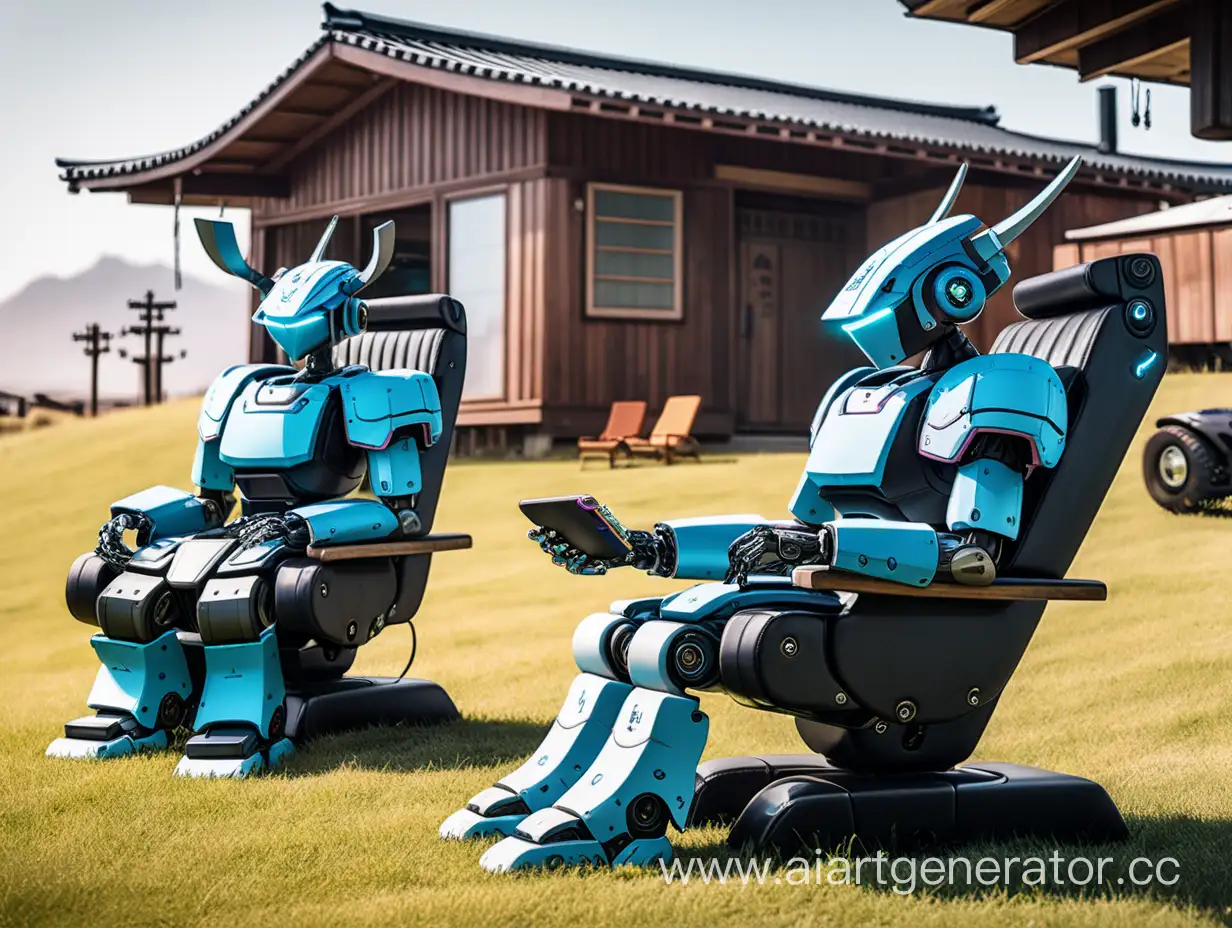 two samurai robots resting on a ranch in armchairs near a cyberpunk-style house