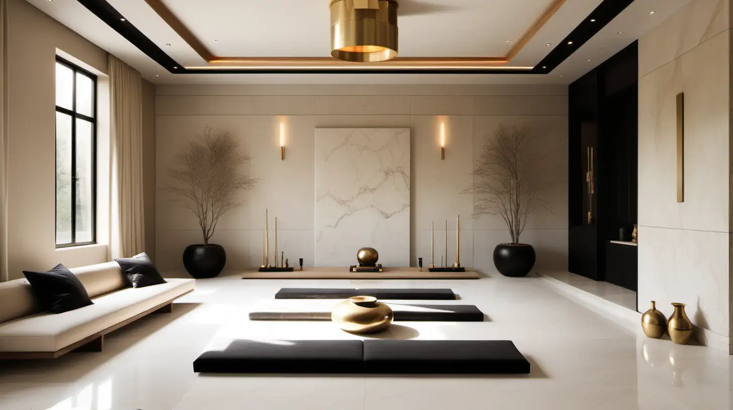 Classic Contemporary Large home Minimalist meditation room; high ceiling; Beige; black accents; blonde oak; limestone; brass lighting; 