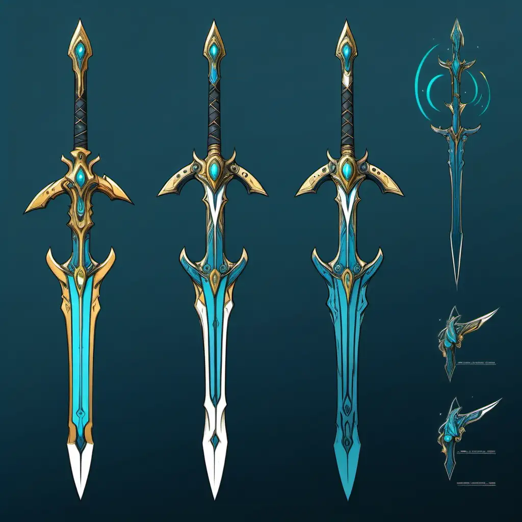 weapon design sheet, of a sci-fi 2 handed warframe sword with a long handle , blue, teal, gold, and white in the style of cartoon illustration and sketch, character concept, --chaos 0