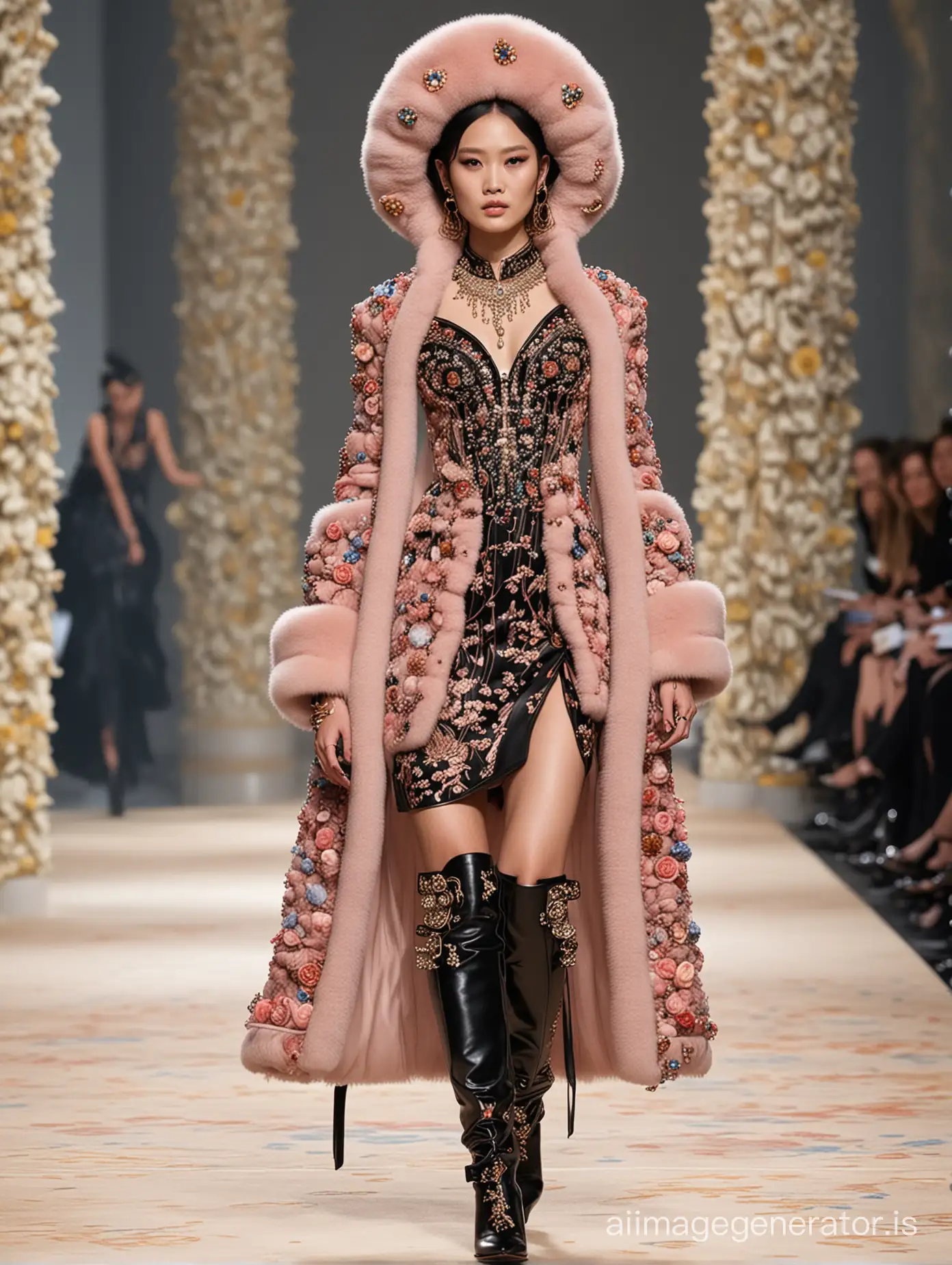 sexy Chinese with a lot of rings, bracelets and collar in floral Christian Dior very long high stiletto heels over the knee boots (spring 2015 couture) and embroidered long mink-fur cap, walking on a catwalk