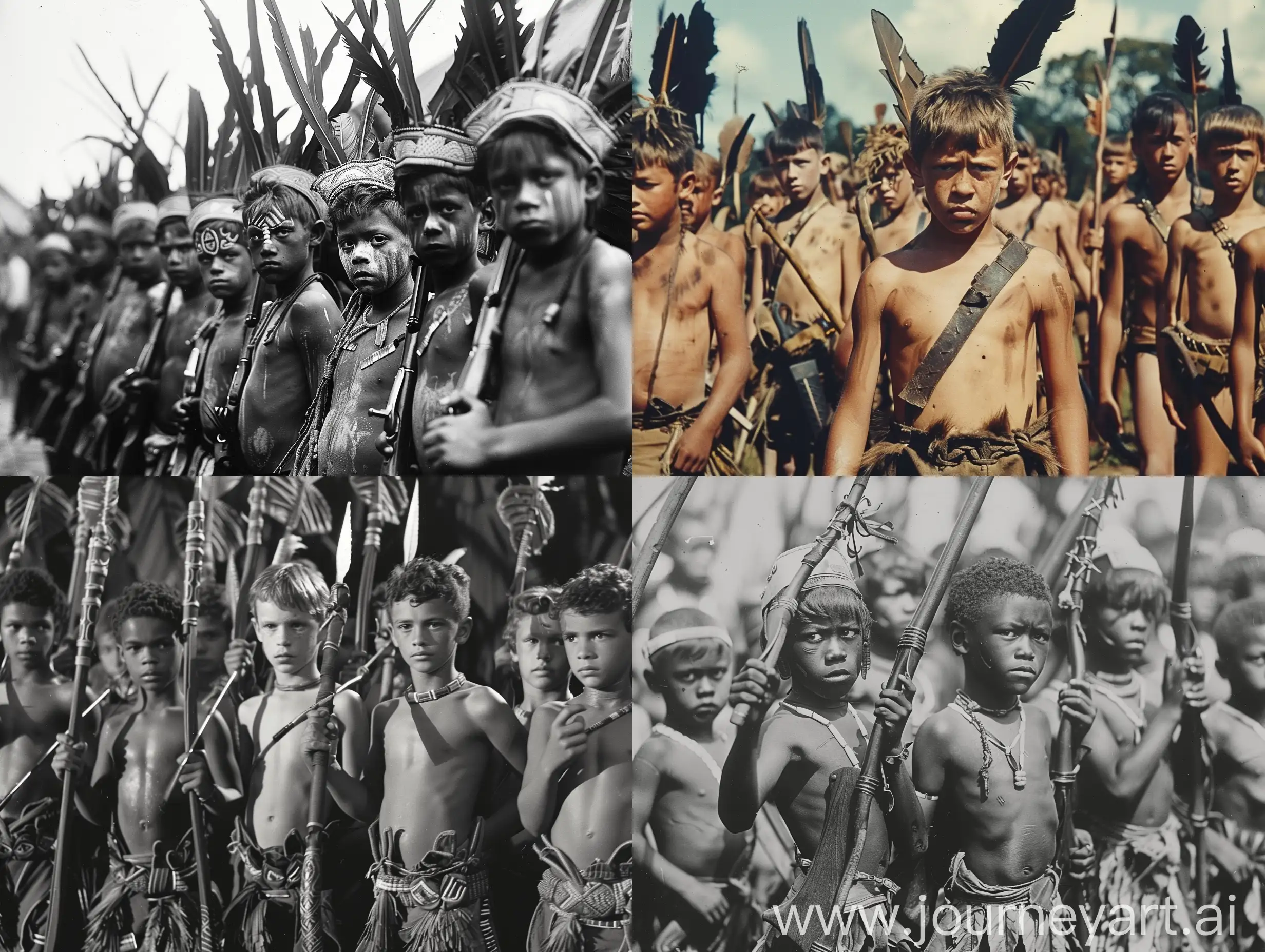 An army of British schoolboys turned into tribal warriors. tropical.