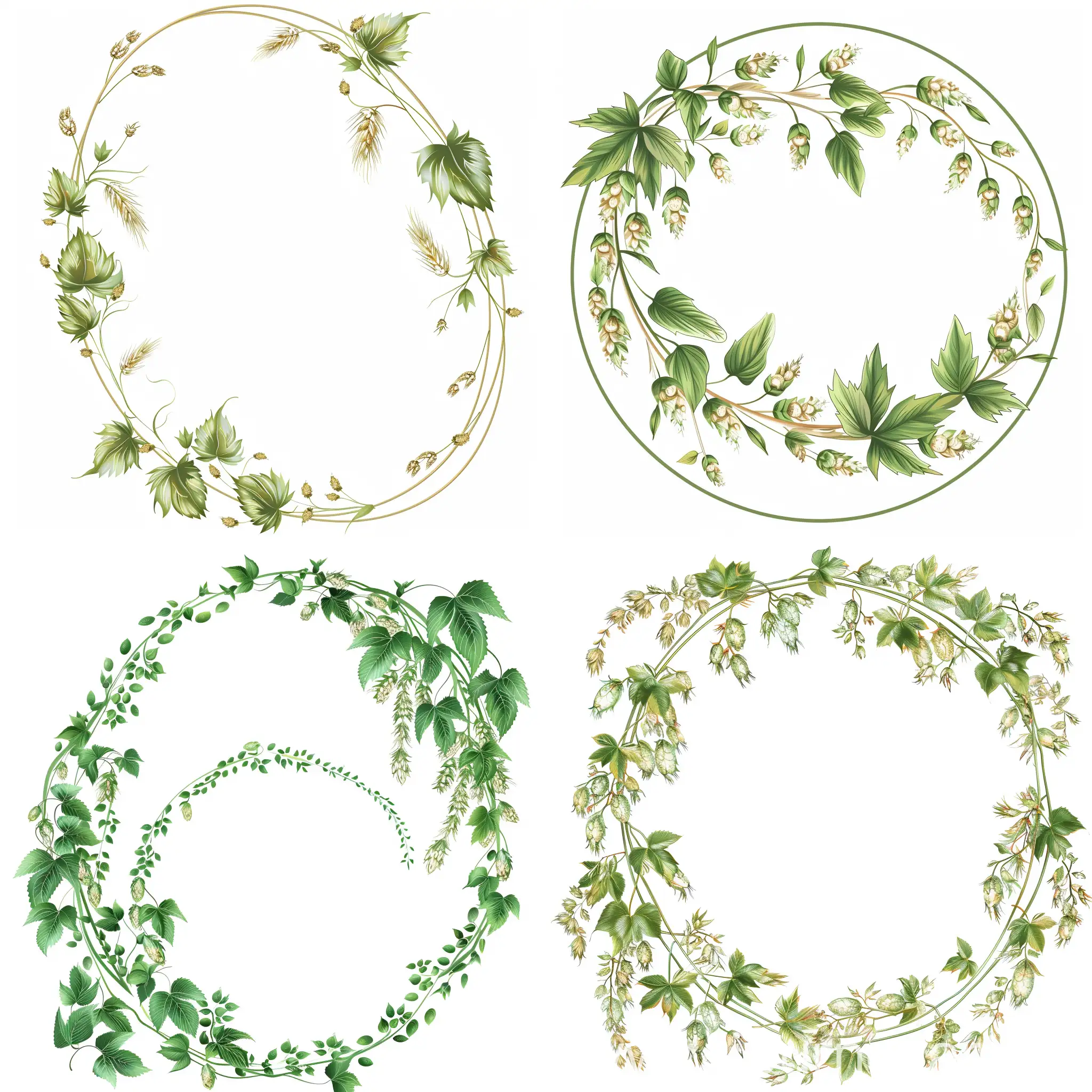 Delicate ornament along the contour of an oval made of translucent small hop leaves and barley spikelets, on a white background, flat illustration, vintage style, Victorian style