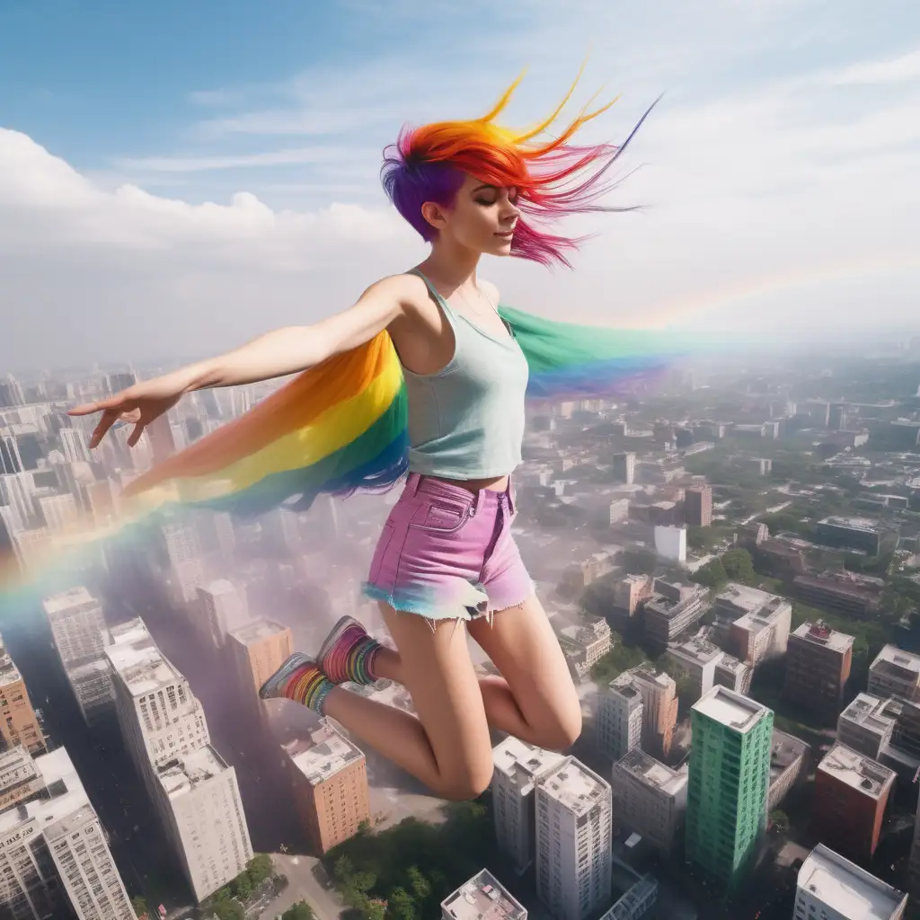 tiny pretty pixie, rainbow colors hair, rainbow colors clothes, rainbow dust effect, flying over the city, day