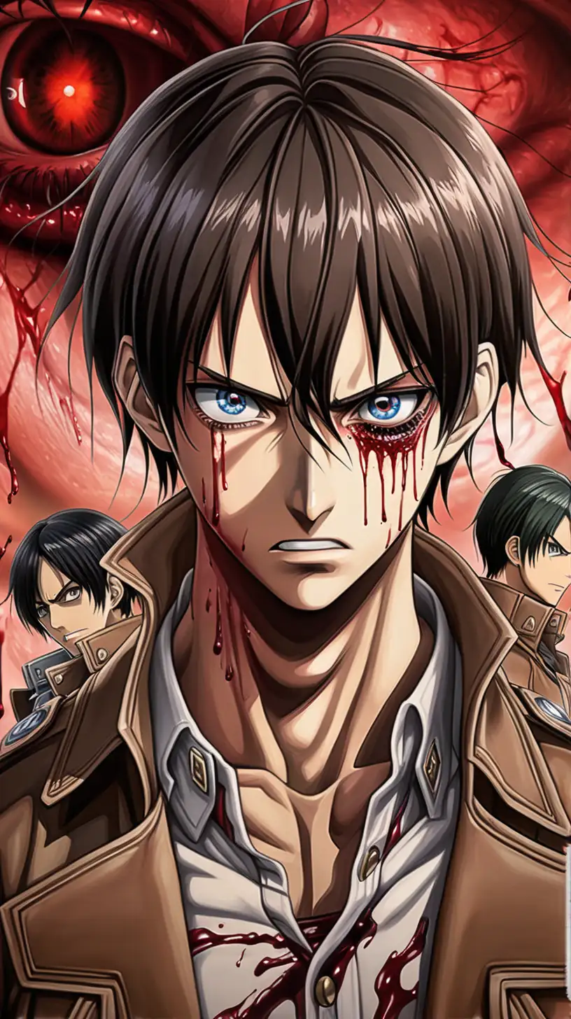 Eren Yeager eyes full of blood, titans on background