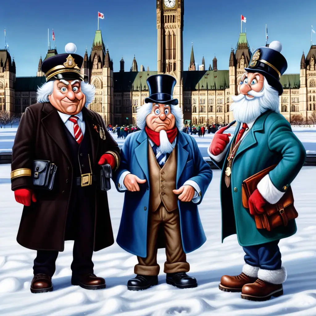 three scrooges, outside of ottawa parliament, snowy background with christmas decorations, surveillance cameras.One of the scrooges is a cop, one is a politican, and one is a buisness man. they are greedy and mean.