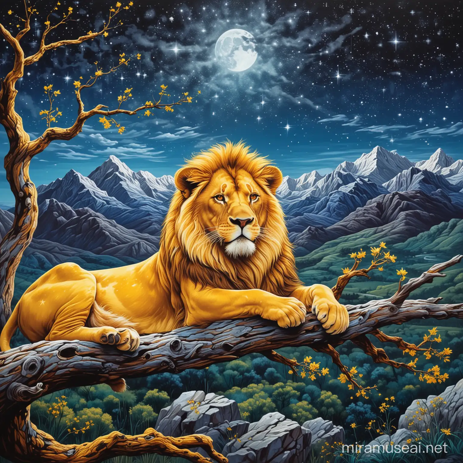 Yellow Lion Resting on a Starlit Branch in Vibrant Pop Art Painting