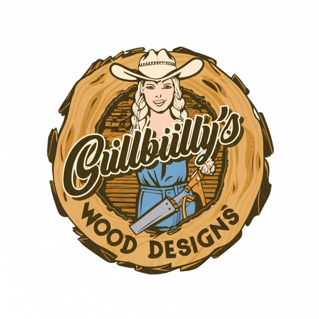 logo, wood log timber with wood tools
rectangle shaped logo with cowgirl with long blonde braids leaning on the logo, with the text "Gillbilly's Custom Wood Designs", typography, be used in Home Family industry