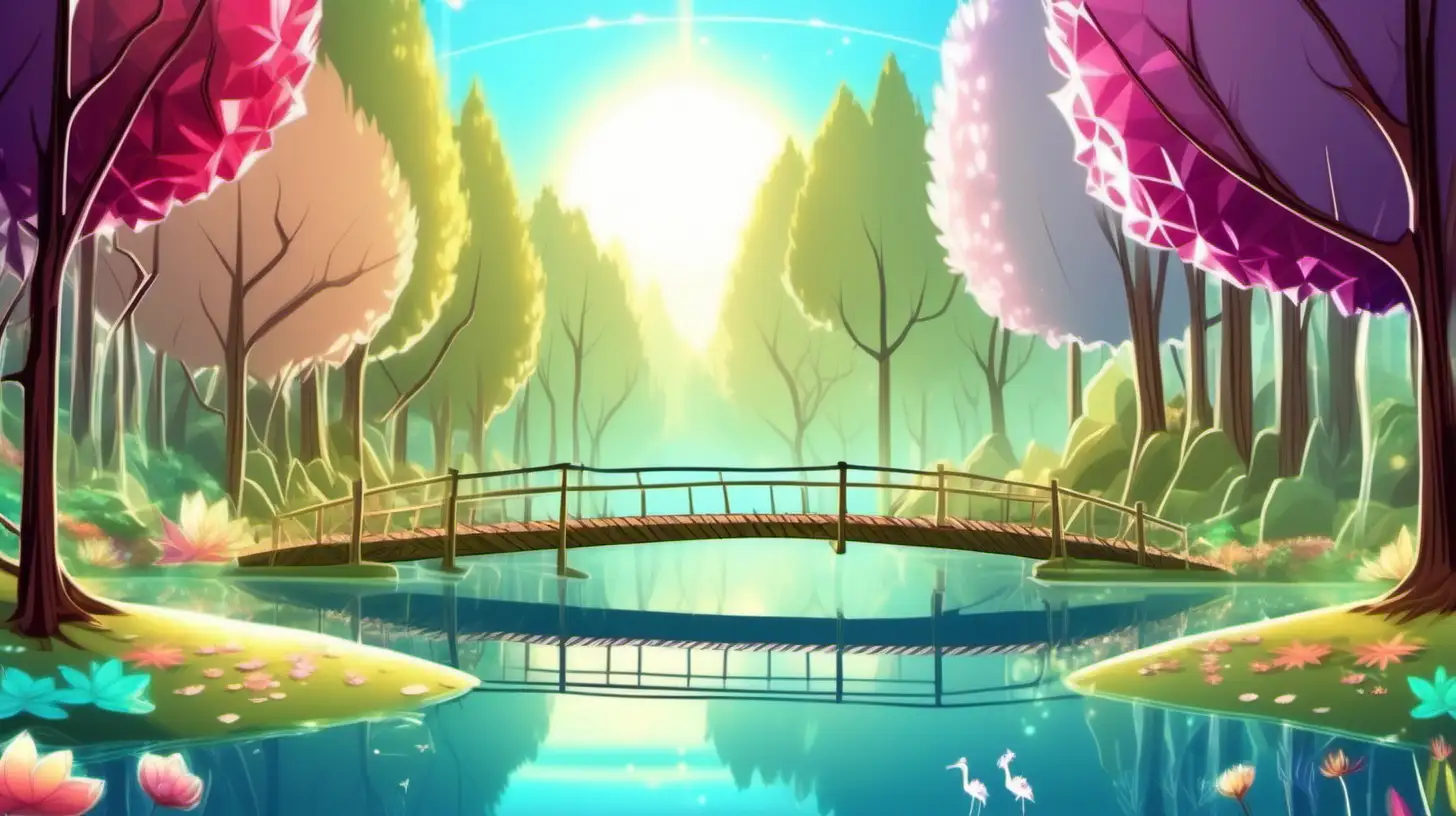 beautiful colorful scene of a magical forest with a crystal clear lake and an old wobbly bridge that leads to a large crystal flower in the distance reflecting the sunlight creating a breathtaking scene  in fun cute cartoon style perfect light hd