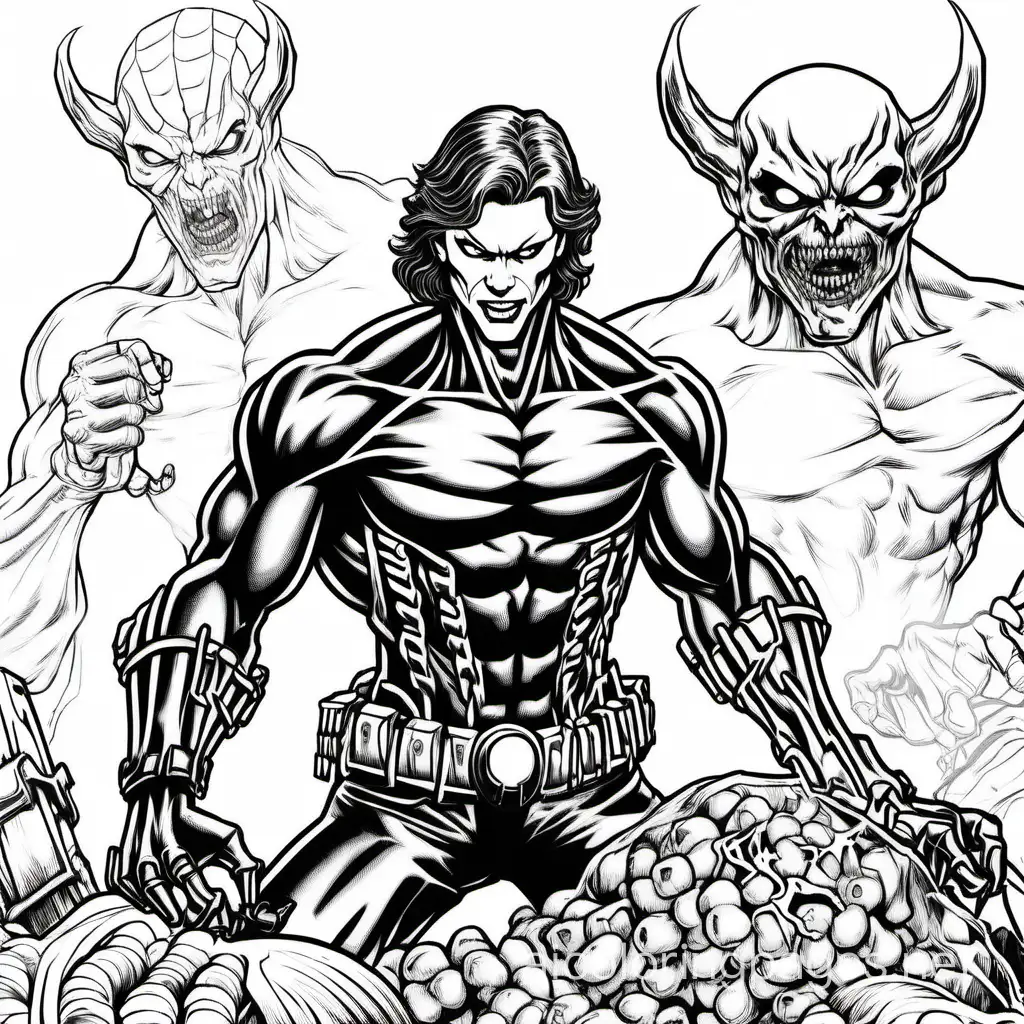 Black widow man, demon , cannibal, eating arm, evil smile, Coloring Page, black and white, line art, white background, Simplicity, Ample White Space. The background of the coloring page is plain white to make it easy for young children to color within the lines. The outlines of all the subjects are easy to distinguish, making it simple for kids to color without too much difficulty