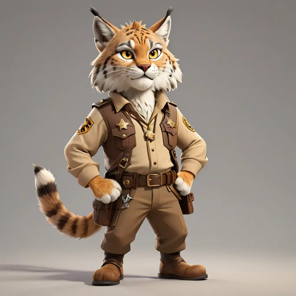 a lynx in cartoon style, full body, Sheriff clothes, with clear background