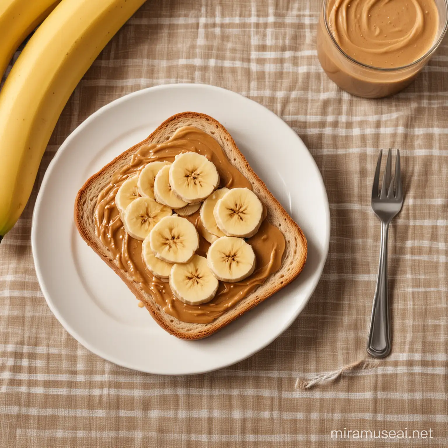 a toast with peanut Butter and banana on it in a plate on a table with a nice tablecloth