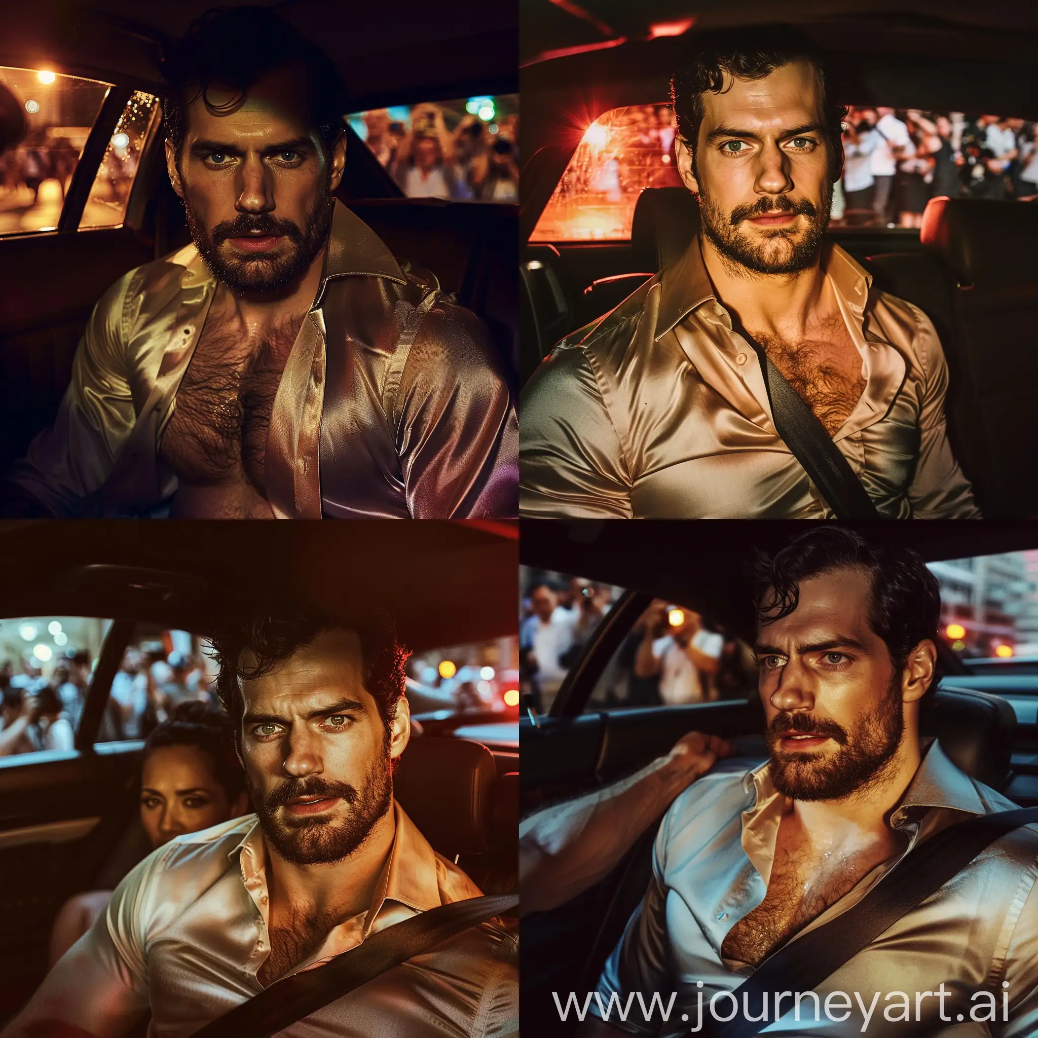 Film lighting, handsome face of actor Henry Cavill, a muscular and burly man in the back seat of the car, wearing a dress shirt, open shirt, fit male torso, hairy chest, handsome bearded Henry Cavill inside a car, dim lighting, sweaty skin and bright, blurred paparazzi background outside the car