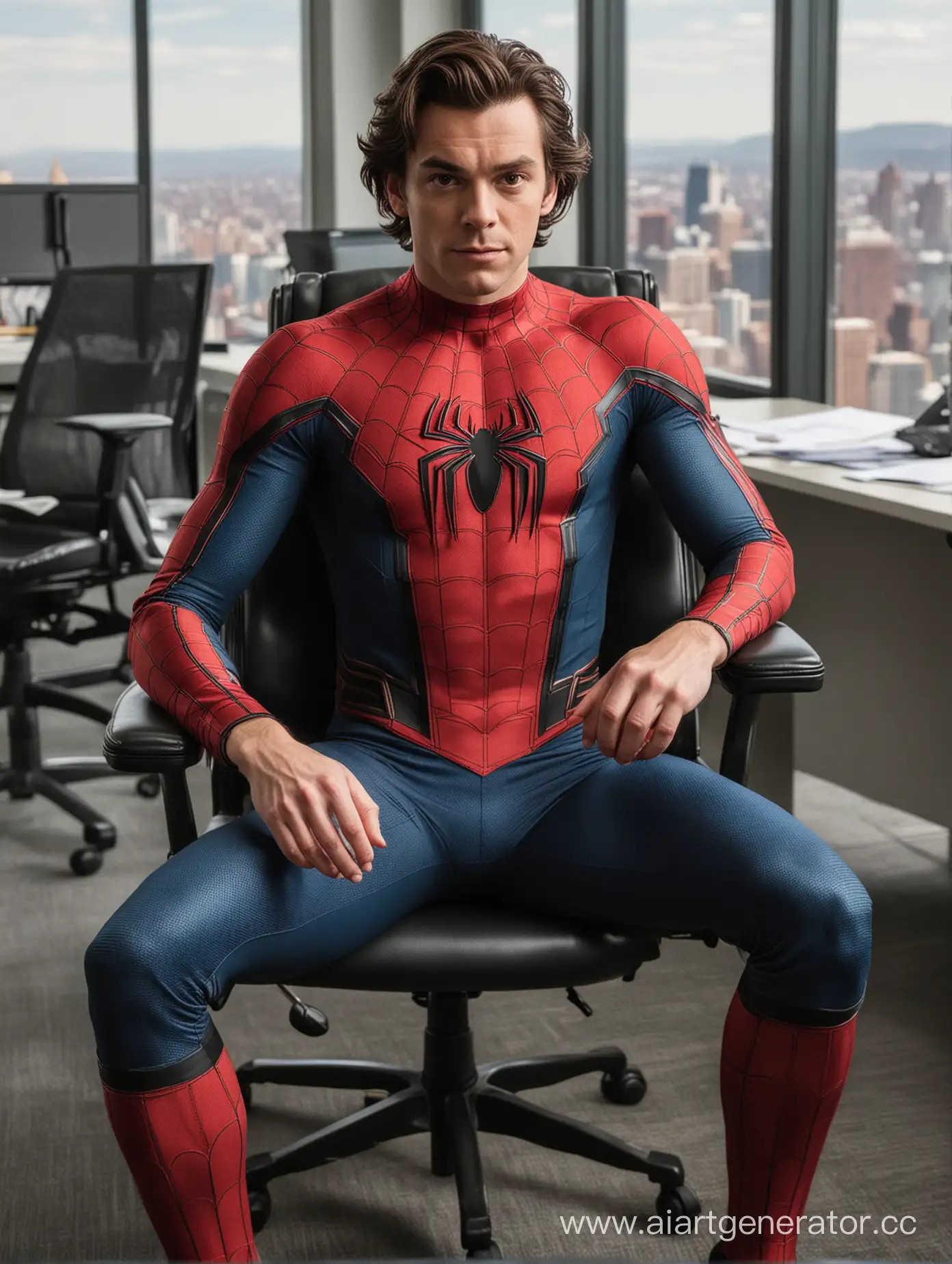 Томас Стэнли в костюме человека паука без маски, сидящий в дорогом кресле, на заднем плане его кабинет