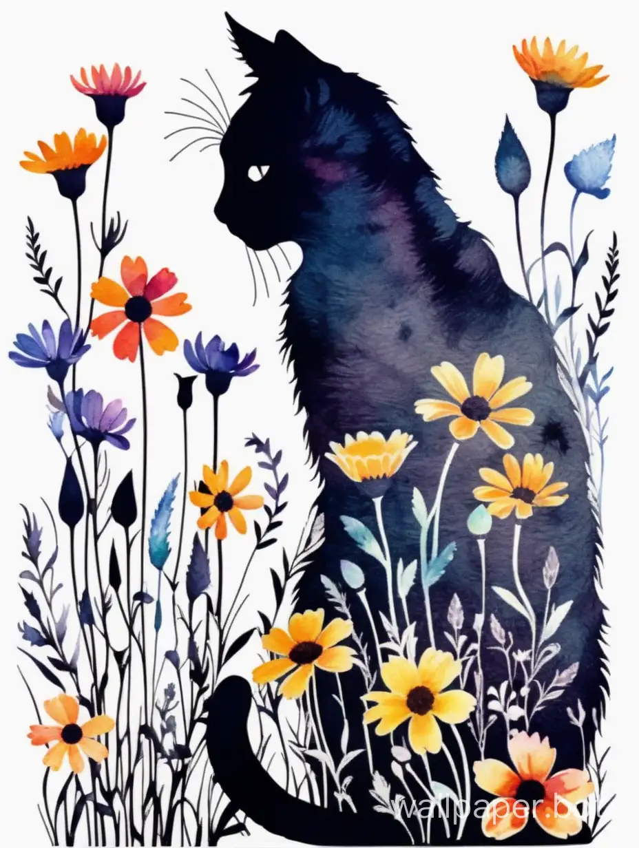 cat silhouette, flowers pattern, wildflowers, , dripping watercolor, high contrasts silhouette cat, sticker art