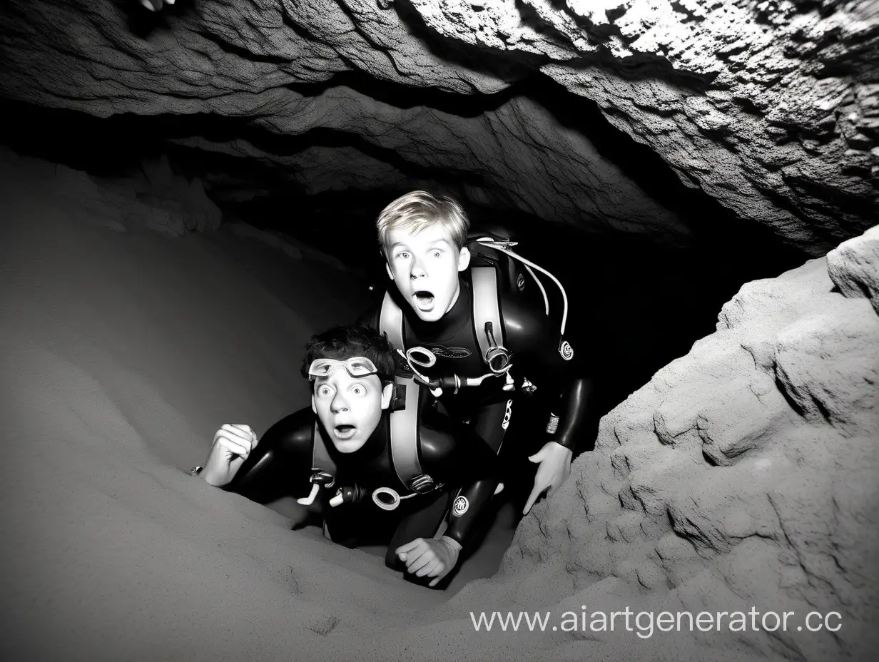 Two 18 year old scuba divers are lost in a dark cave underwater.  They both have athletic builds.  One has blond hair, one has dark hair. They are both wearing blue wetsuits. They are both wearing scuba tanks, clear face masks, and swim fins.  They are both carrying flashlights. They can't find their way out of the cave and they both have scared expressions on their faces.