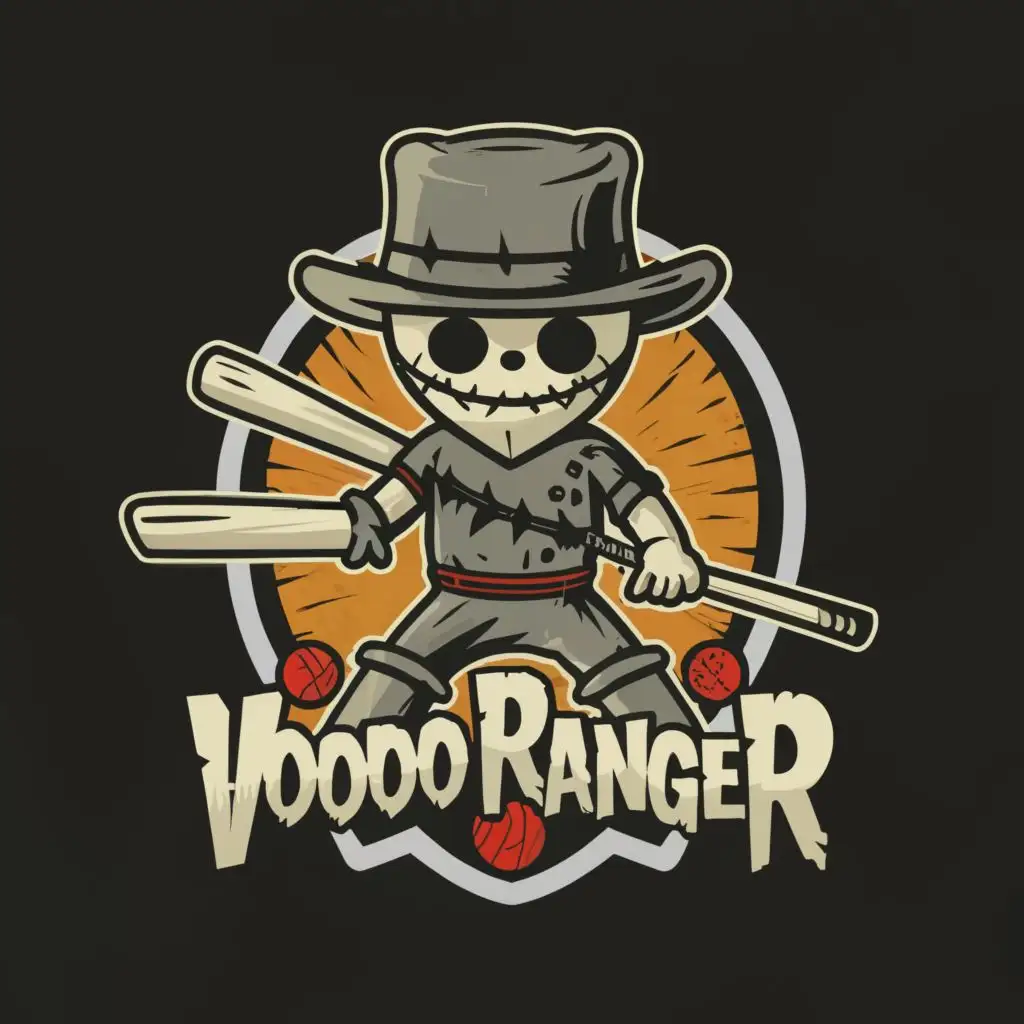 a logo design,with the text "Voodoo Ranger", main symbol:Voodoo doll wearing ranger hat holding baseball bat,Moderate,be used in Sports Fitness industry,clear background