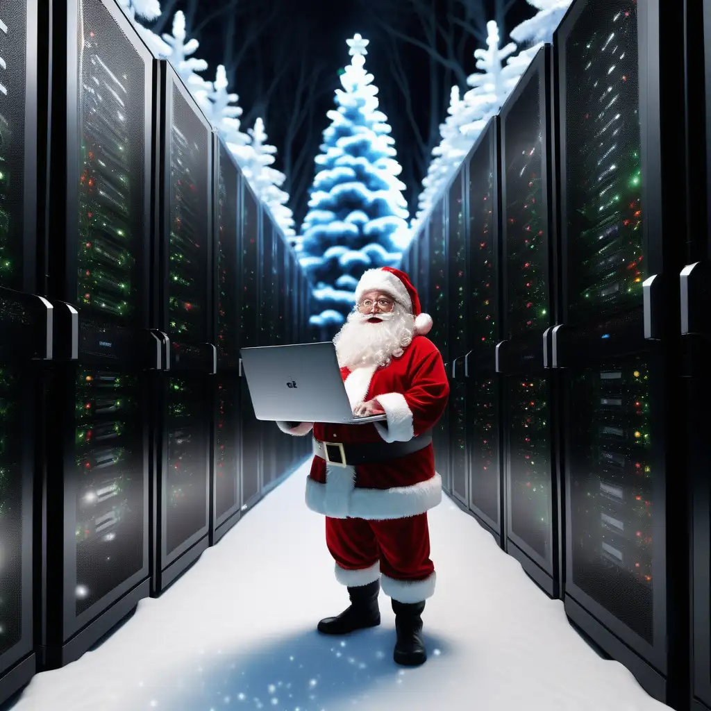 Santa Claus with Laptop Amid Enchanted Snowy Forest and Server Racks