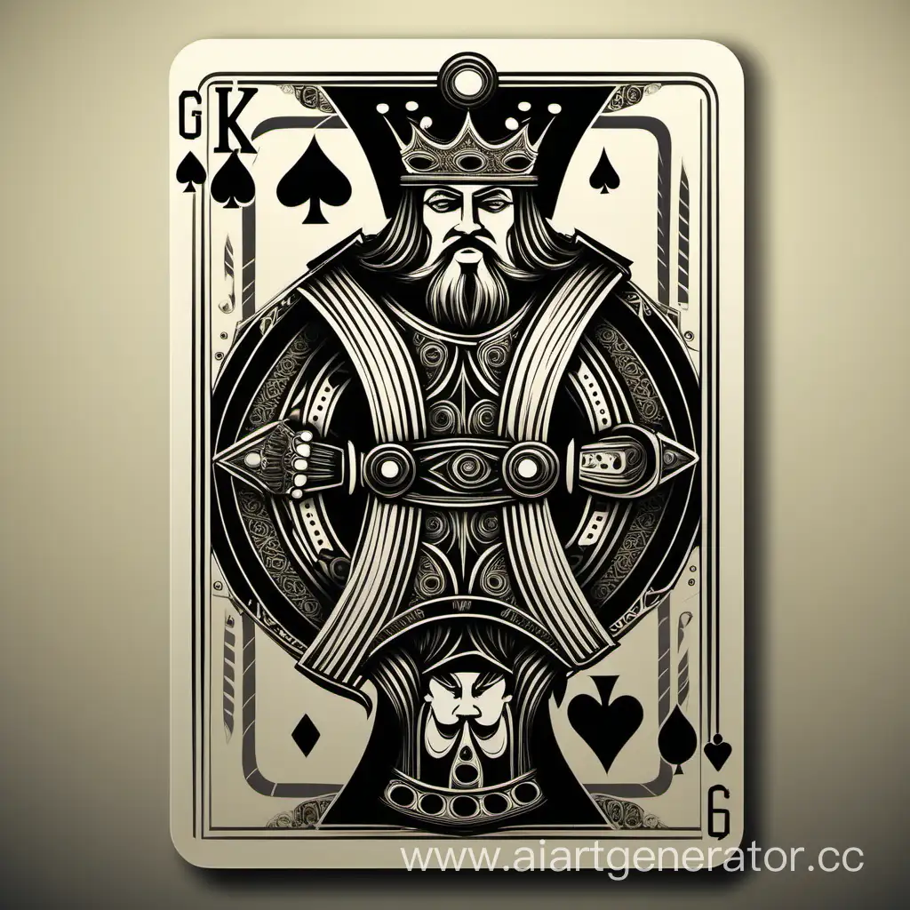 Create a regal King of Spades with an air of mystery and power. Design the King to be visible from both the top and bottom, just like a playing card. Emphasize sharp lines and dark shades to evoke a sense of authority. Incorporate intricate details such as a spade-shaped crown and a cloak flowing with dynamic shadows