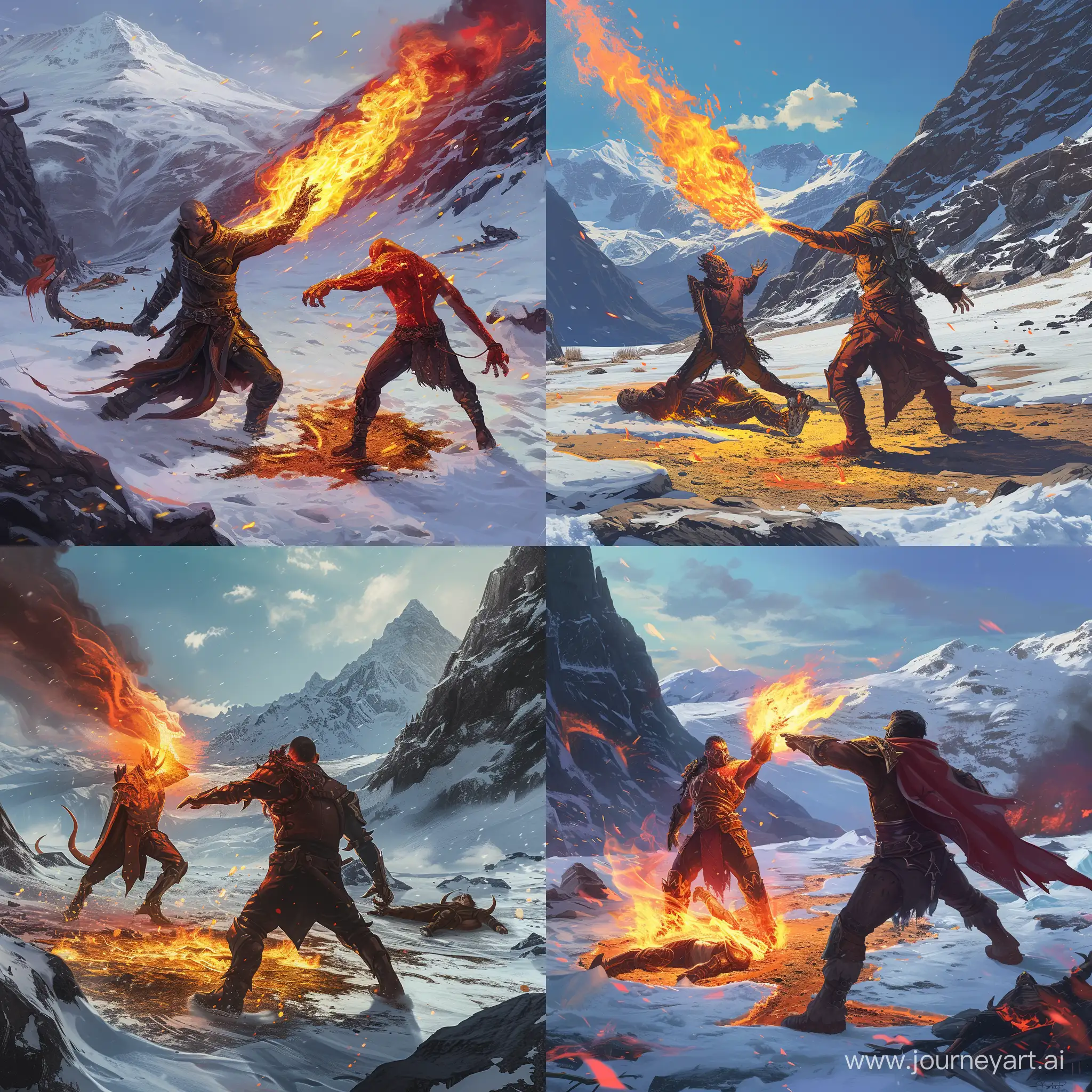 The fire demon strikes a blow with his hand at Drake, who parries the blow with his fire sword. Behind Drake's back lies the body of the defeated magician, around the mountain And snow lies on the ground, in the place where the Demon stands there is bare earth with melted snow, concept art, 4k