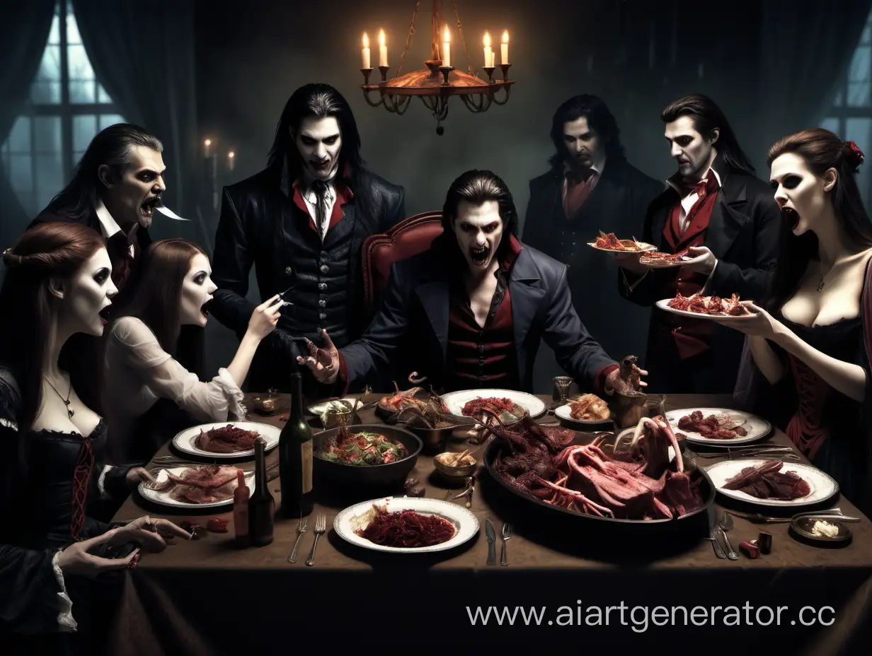 The vampires' feast. The leader of the vampires (a tall vampire, a brunette with long hair and a funny little beard) sits at the center of the table, eating deer meat. His entourage sits beside the table.