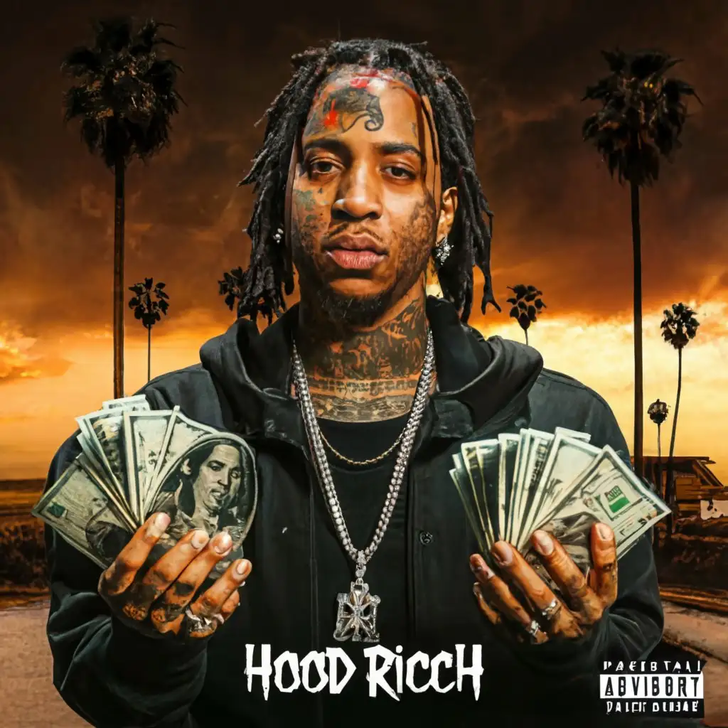 a logo design,with the text "Hood Ricch", main symbol:Make the photo look real and make sure the parental advisory ain't reverse also put a cutless and the back of the black with dreads also give me 10 pics"Hood Ricch" album cover: Guy with dreads, grill, counting money from bullet wound, blood, hole in hand,  stacks, Chevy Cutlass, projects, dice.,Minimalistic,clear background