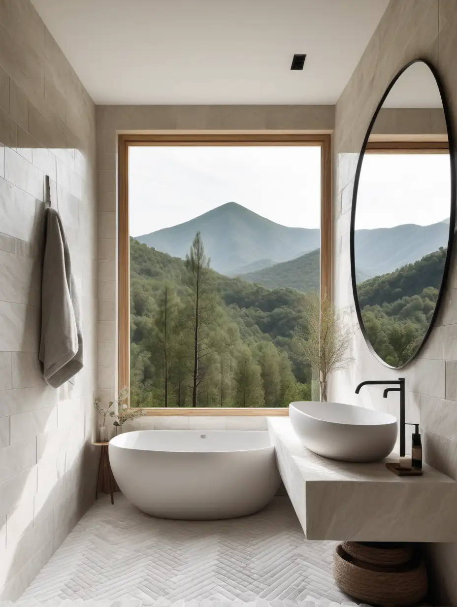 organic neutral bathroom with veined solid stone hanging basin, handmade porcelain tiles, natural herringbone brick paver tile floor, minimalist mirror, big window with pine forest mountain view. artistic angled view