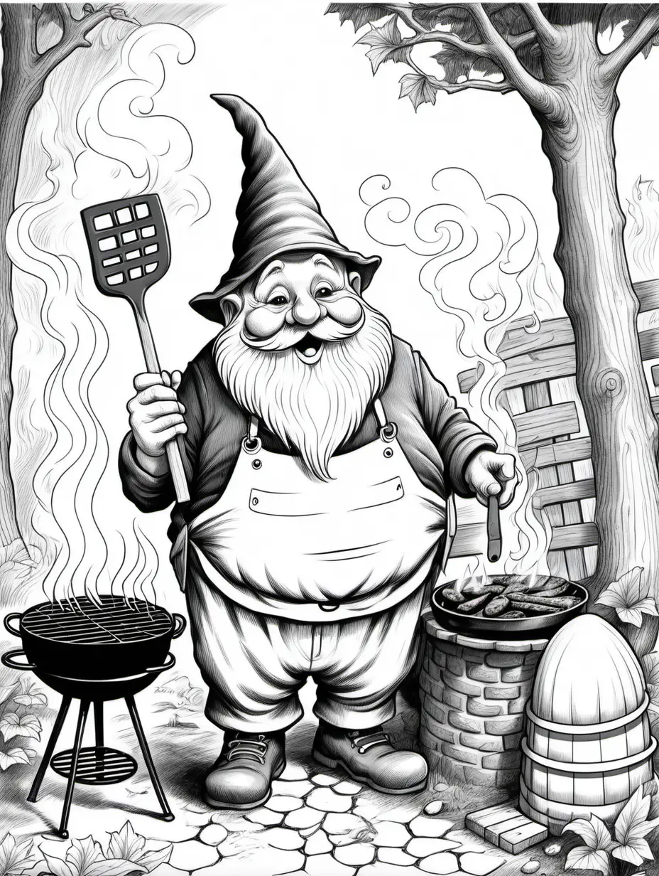  color page, old gnome, black and white, whimsical, chubby, barbequeing
