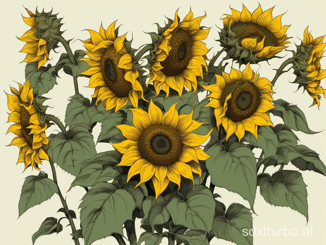 a bunch of  sunflowers ， chinese traditional style，blooming 