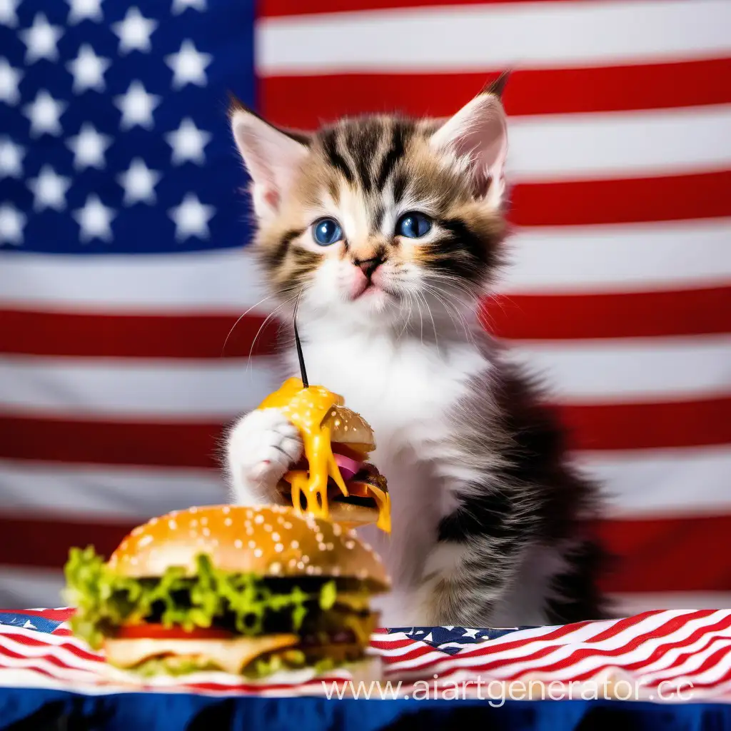 Патриотичный котёнок на фоне американского флага ест бургер.