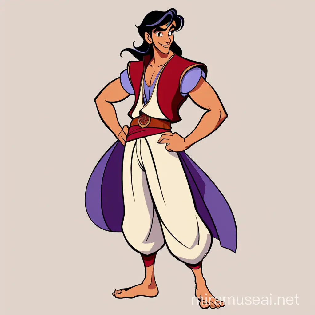 Aladdin from disney, full body, minimalist, vector art, colored illustration with a black outline. Aladdin is a traditionally handsome, slim and slightly muscular young man with broad shoulders, tousled black hair, thick matching eyebrows and brown eyes.

As a wanderer, his clothing is, unsurprisingly, rather limited. He's barefoot and wears a purple sleeveless vest, a red fez and wide cream pants with a single patch covering a hole inside.