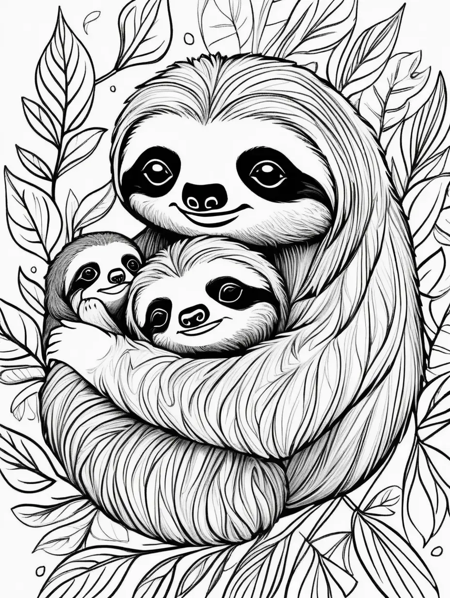 Adorable Coloring Page Mother and Baby Sloth Duo