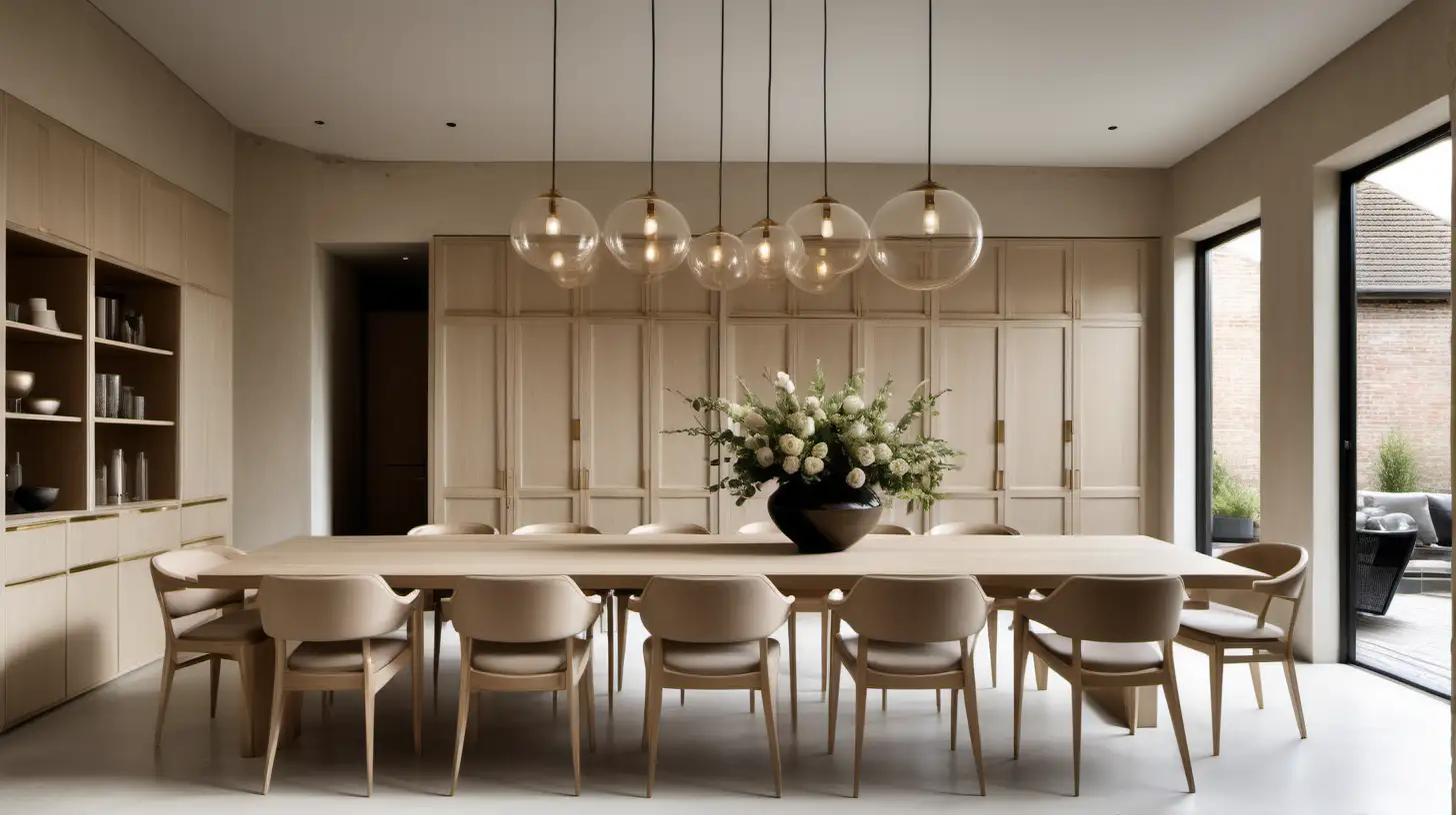 A classic contemporary large minimalist home formal dining room with limewash walls in Bauwerk Bone; blonde oak cabinets; brass lighting; high ceilings; 