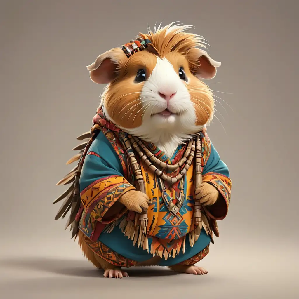 a cute Guinea pig in cartoon style in full body with tribal clothes with clear background