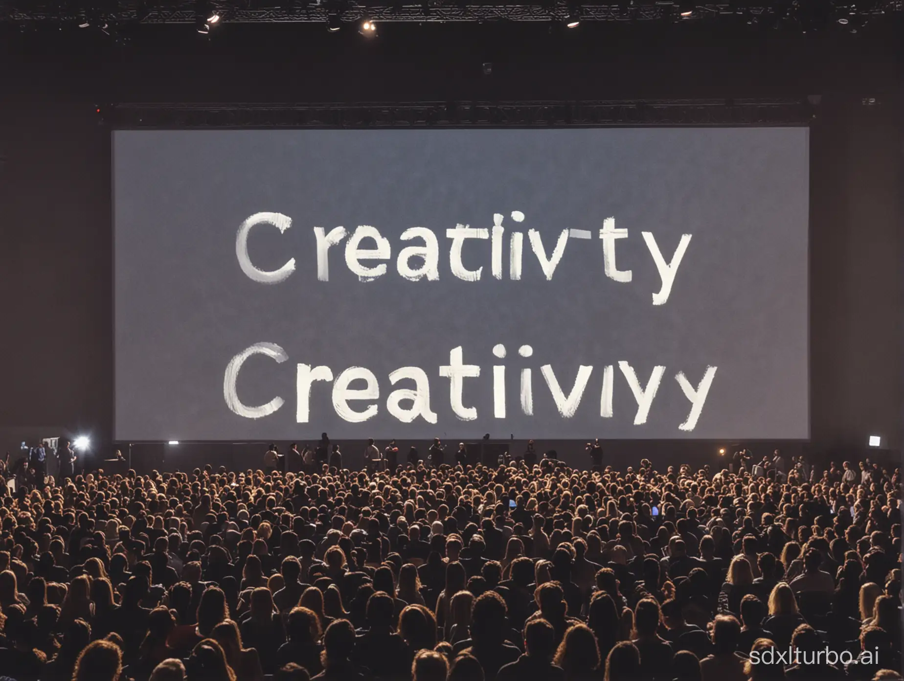 A huge crowd in front of a screen with the word "Creativity"