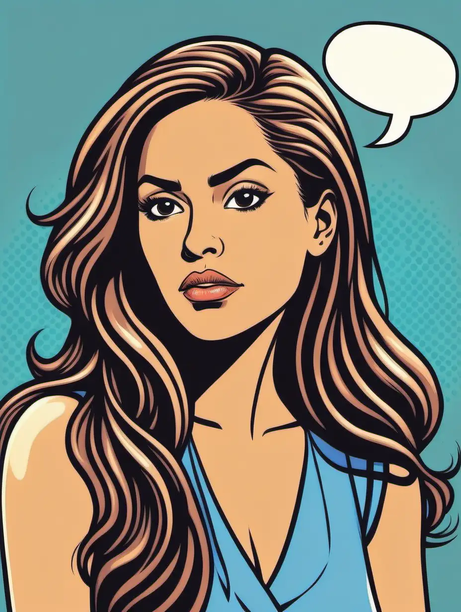 hispanic woman, girl boss expression, long hair, outlines, thin lines, vector, lichtenstein style, with a thought bubble
