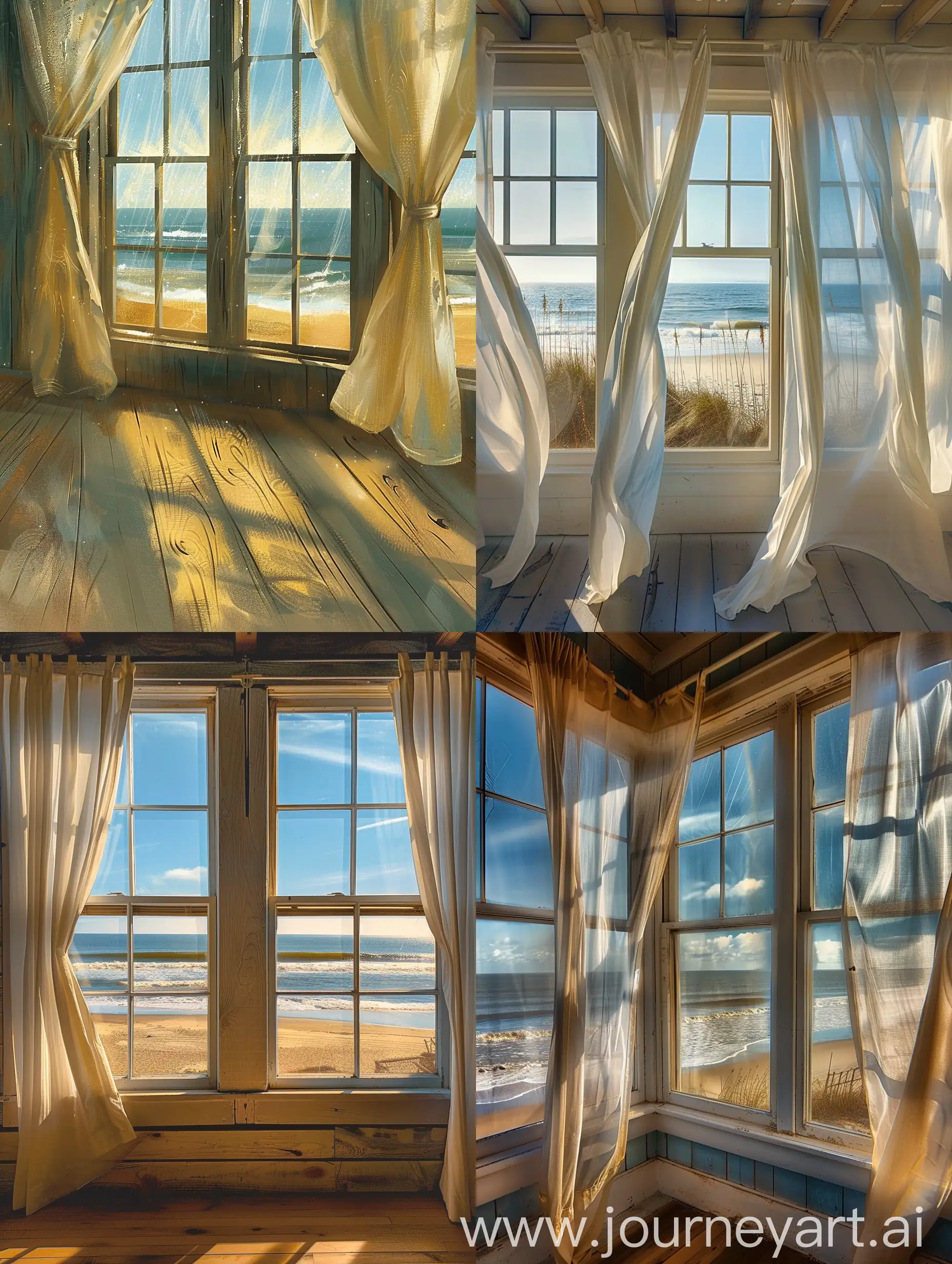 Inside the cozy seaside cottage, a serene retreat awaits. Through the windows, a breathtaking panorama unfolds, revealing the vast expanse of the ocean and the golden stretch of sand that kisses its shores. The rhythmic symphony of crashing waves fills the air, as the salty sea breeze dances through the room, causing the curtains to sway gracefully in its embrace. The gentle caress of the wind carries with it the invigorating scent of the sea, mingling with the warmth and comfort of the cottage. With each gust, the curtains create a mesmerizing display, casting playful shadows and allowing slivers of sunlight to filter into the room. The tranquil ambiance invites a sense of tranquility and peace, as if time stands still in this seaside sanctuary. It is a place where one can immerse oneself in the beauty of nature, finding solace in the harmonious union of land, sea, and sky.