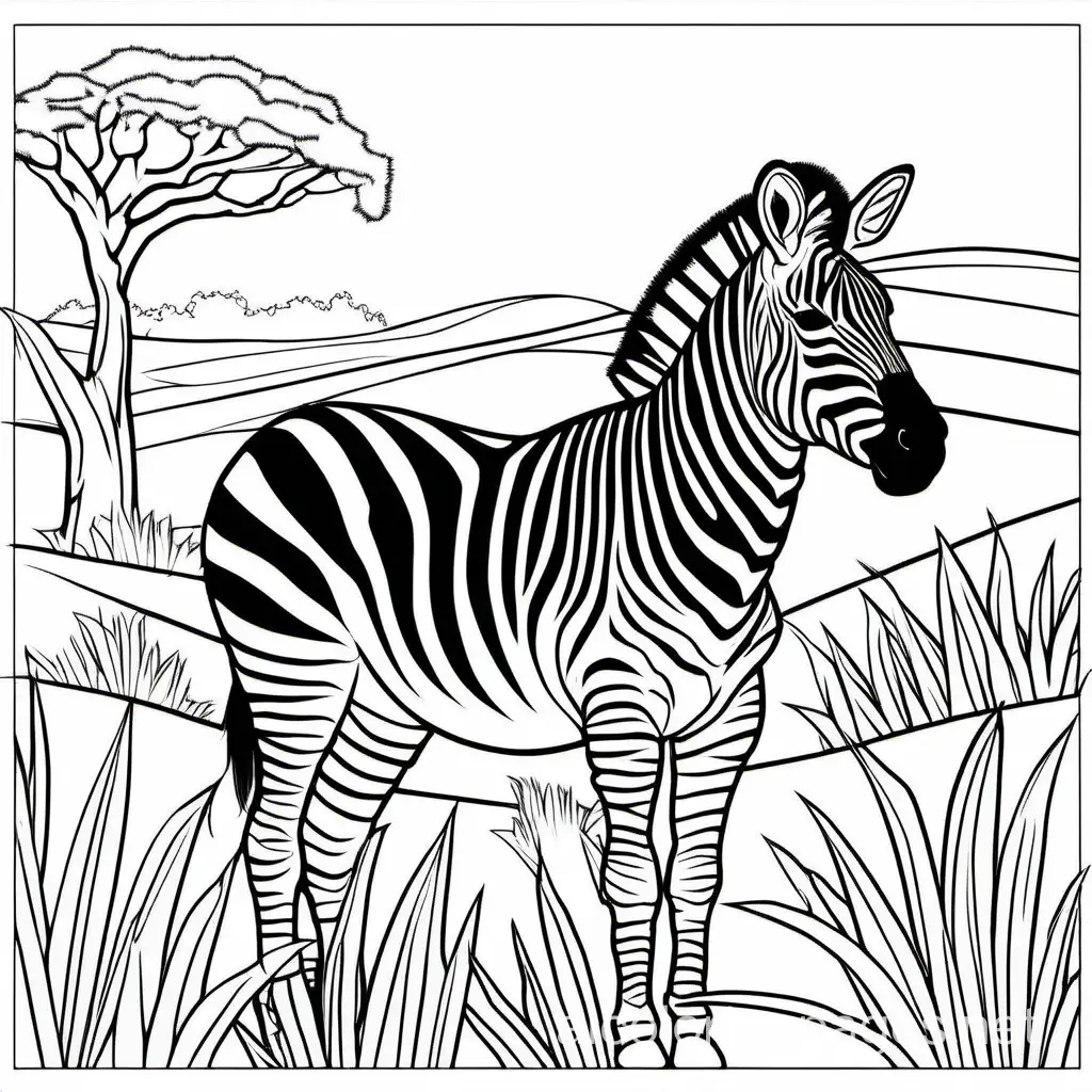 zebra in savanna, Coloring Page, black and white, line art, white background, Simplicity, Ample White Space. The background of the coloring page is plain white to make it easy for young children to color within the lines. The outlines of all the subjects are easy to distinguish, making it simple for kids to color without too much difficulty