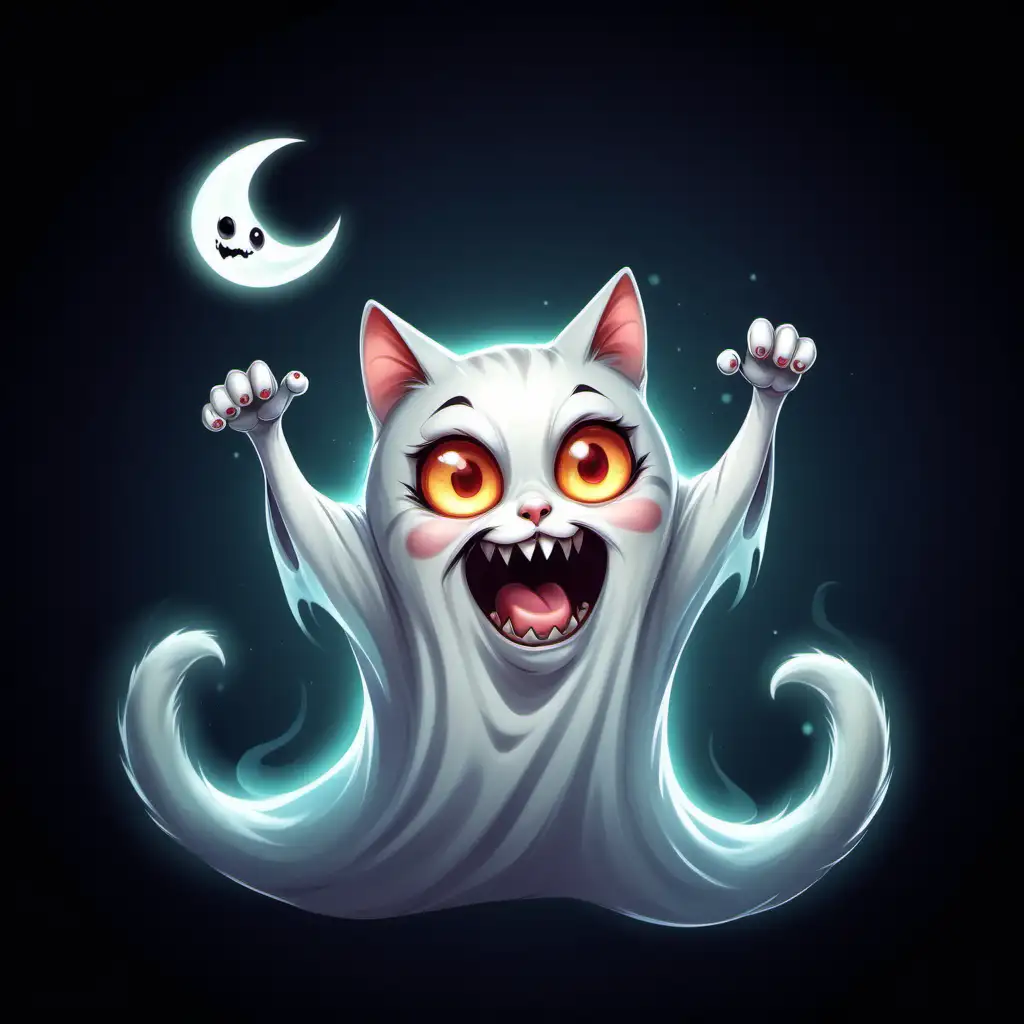 Funny Cat, The cat has to appear to you as a ghost who is having fun and is scary at the same time. The cat has to represent as a cartoon.
