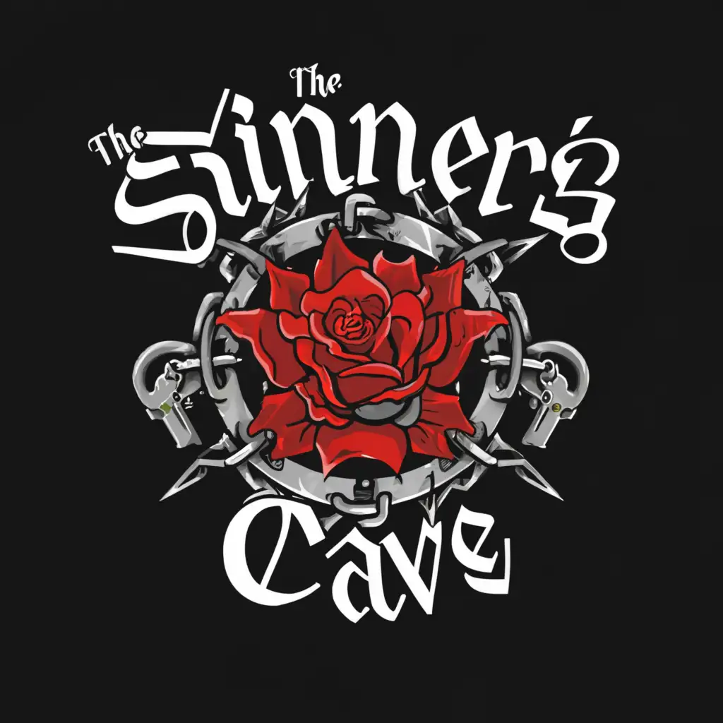 a logo design,with the text "The sinner's cave", main symbol:chains, roses with thorns, handcuffs, locks, horns,Moderate,clear background
