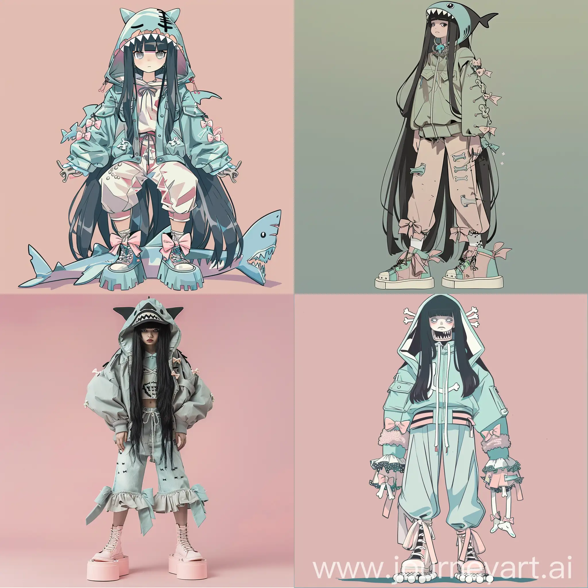 girl, long black hair, jacket with a hood in the shape of a shark's mouth, loose-fitting pants, decoration in the form of bones on the head, small bows on the sleeves of clothes, chunky platform shoes, pastel colors, full length