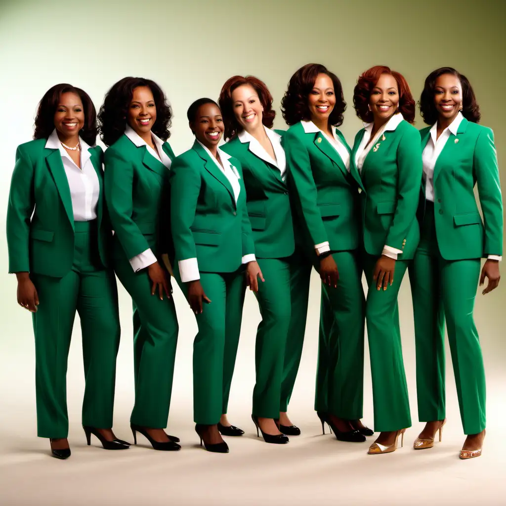 7 african american women, emerald green and white suit, smiling, full length
